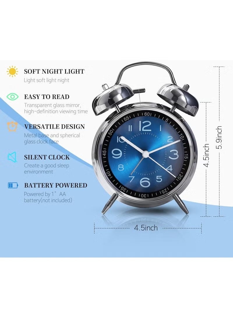 Analog Loud Alarm Clock with Backlight,Battery Operated,Silent Non Ticking,for Heavy Sleepers,Bedrooms,Bedside Table, 4inches Twin Bell Extra Retro Decorative Desk Clocks. (Blue) - Image 3